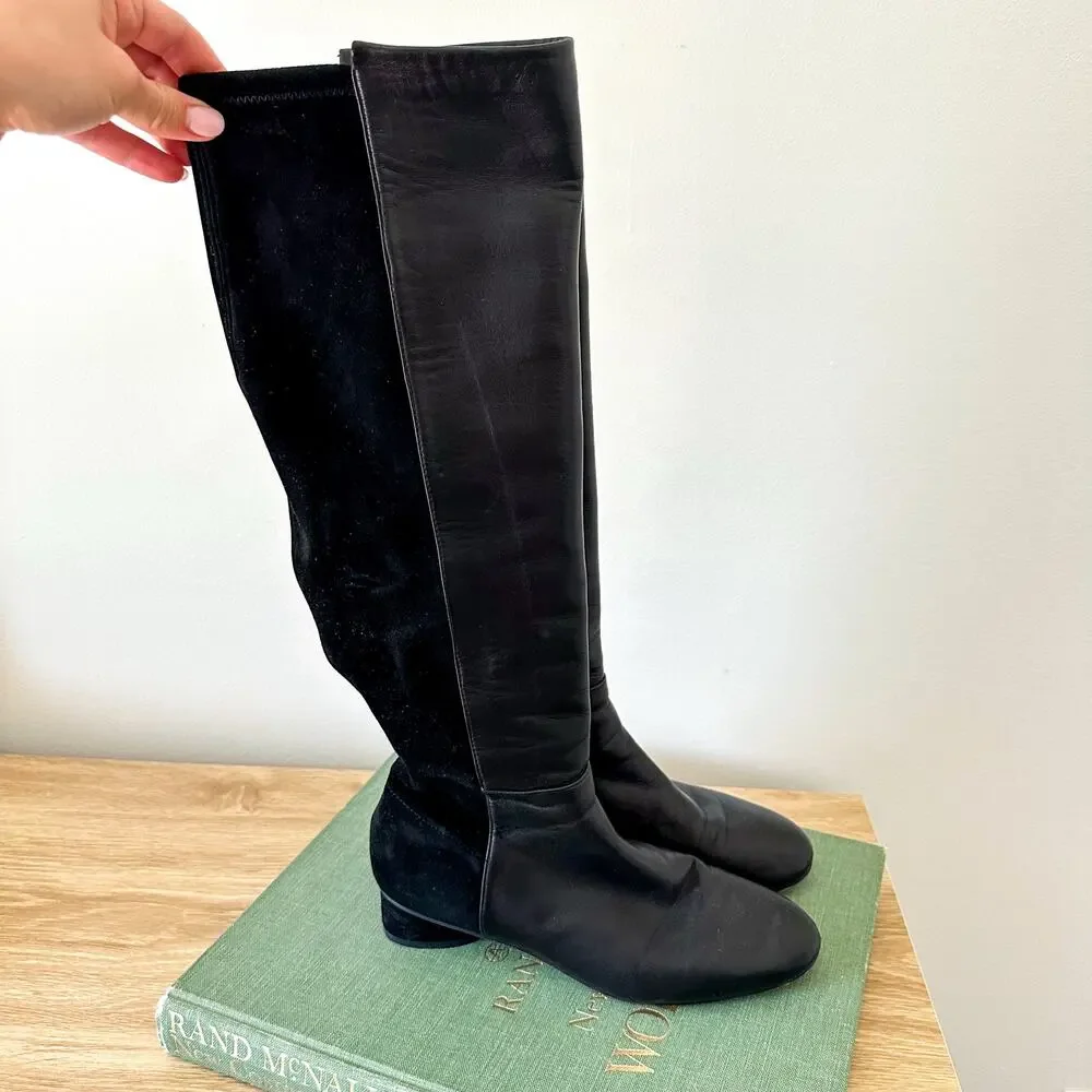 Stuart Weitzman Leather Suede Pull On Riding Boots Black 8.5